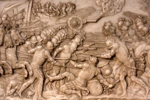 Basilica of St, Denis, Grav af Frans 1, konge af Frankrig og Claude af Frankrig, Foundations lavrelief, Skildring af slaget ved Marignano i 1515 - franskmændene og deres artilleri vendt mod det gamle schweiziske konføderation, Saint-Denis, Frankrig af Unbekannt