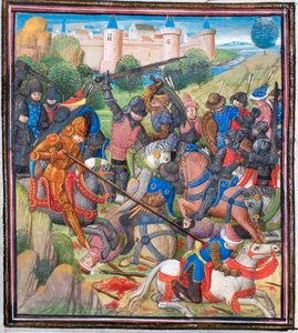 Kamp mellem korsfarere under Baldwin II af Jerusalem og saracenerne. Miniature fra Historia af Vilhelm af Tyrus, 1460
