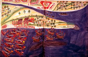 Kamp mellem muslimer og portugisere ved Surat, Gujarat nær Bombay, Indien, c1500-tallet af Unbekannt