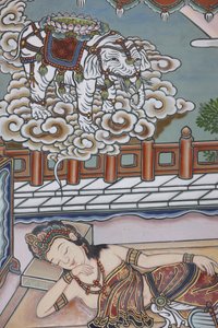 Før Siddartha Gautamas fødsel drømte hans mor om en hvid elefant, der præsenterede hende for en lotusblomst, Seoul, Coree du Sud af Unbekannt