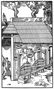 Bælge, der leverer træk til en smelteovn, 1556 af Unbekannt
