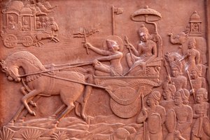 Bhagavad Gita indgraveret på et hinduistisk tempel: Krishna kører Arjunas skygge Varindawan Inde af Unbekannt
