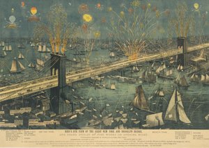 Fugleperspektiv af Great New York og Brooklyn Bridge, og Grand Display of Fireworks ..., 1883. af Unbekannt