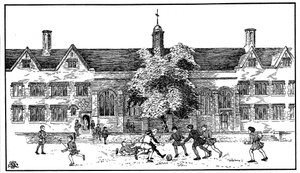 Drenge i Tudor-tiden spiller fodbold på Berkhamsted Grammar School, Hertfordshire af Unbekannt