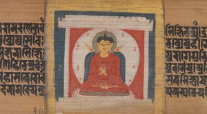Buddha tronet i en helligdom, blad fra...Pancavimsatisahasrika Prajnaparamita..., ca. 1090. af Unbekannt
