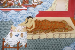 Buddhas mor drømmer om en hvid elefant. Thangka, Bhaktapur, Nepal af Unbekannt