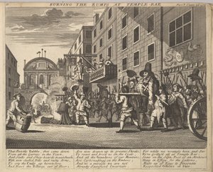Burning the Rumps at Temple Bar Plate 11: Illustrationer til Samuel Butlers Hudibras, 1725-30. af Unbekannt