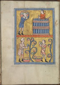 Kalender, september, mænd, der plukker og træder druer - Psalter af Eleanor fra Aquitaine (ca. 1185) - KB 76 F 13, folium 009v af Unbekannt