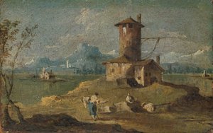 Capriccio med en ø, et tårn og huse, 1700-tallet. af Unbekannt
