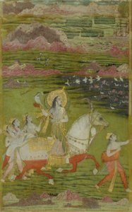 Chand Bibi Hawking med ledsagere i et landskab, ca. 1700. af Unbekannt