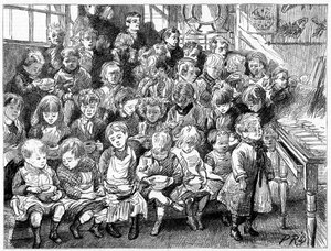 Børn venter på suppe ved middagstid, London Board School, Denmark Terrace, Islington, 1889 af Unbekannt