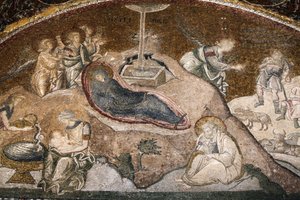 Chora kirkemuseum: Jesu fødsel mosaik (Maria hviler efter fødslen, Josef sidder) Istanbul Turkiet af Unbekannt