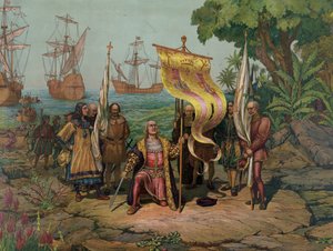 Christopher Columbus (1451 - 1506) hævder "den nye verden" for Spanien (litografi) af Unbekannt