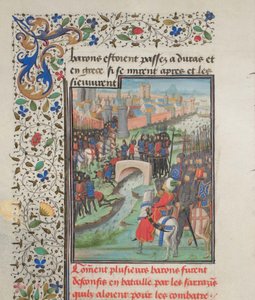 Sammenstød mellem baronernes og saracenernes hær. Miniature fra Historia af Vilhelm af Tyrus, 1460