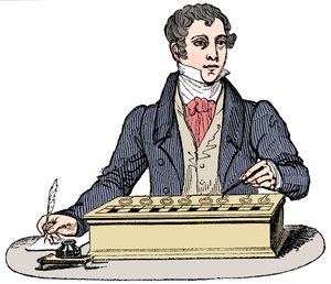 Ekspedient ved hjælp af en Pascal tilføjelsesmaskine, 1835 af Unbekannt