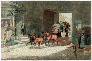 Bus ankommer i gården til en kro, 1890 af Unbekannt