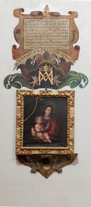 Kollegial kirke. Inde. Maler Madonna med barnet, olie på lærred. En væg, der maler legenden (legenden om Vor Frue af Patrocinio). af Unbekannt