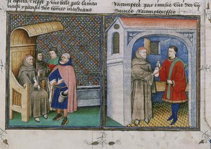 Korruption. Miniature fra bogen kaldet Decameron af Giovanni Boccaccio, 1460