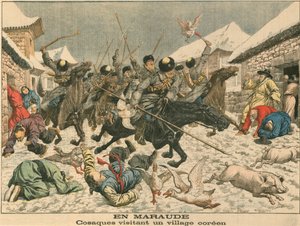 Kosakker terroriserer en koreansk landsby, russisk-japansk krig, 1904 af Unbekannt