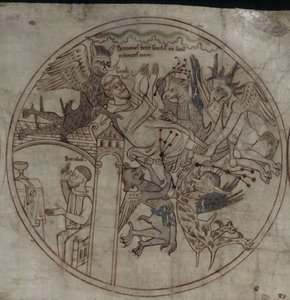 Dämonen greifen Guthlac an, Manuskript Das Leben des heiligen Guthlac, frühes 12. Jahrhundert von Unbekannt