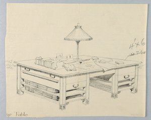Design til massivt biblioteks opbevaringsbord med to åbne strækhylder på hver side, 1900–05 af Unbekannt