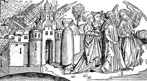 Ødelæggelse af Sodoma og Gomorra ved jordskælv, 1493 af Unbekannt