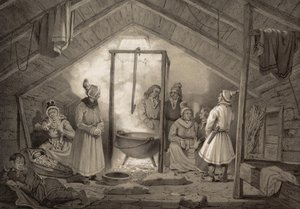Det indre af et stuehus i Finnmark. Illustration hentet fra bogen Norge produceret i tegninger af Asbjørnsen, P.Chr. og udgivet af Chr. Tønsberg (nr. 1848) Søndagsklædte samer i en stue. «Træhytter (...) forekommer kun undtagelsesvis ved Sölapperne af Unbekannt