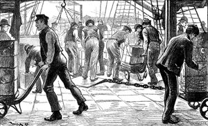 Havnearbejdere, der losser te i London Docks, 1889 af Unbekannt
