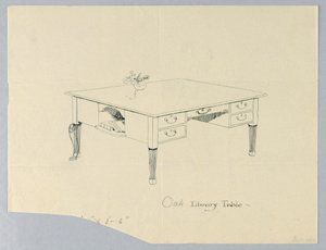 Tegning, design til biblioteksbord med side -niche og benvariation angivet af Unbekannt