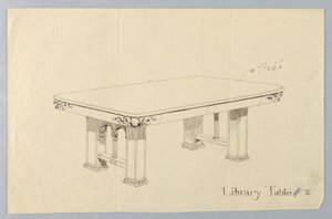 Tegning, design til rektangulært biblioteksbord #2 med Putti -ansigter udskåret på hvert af afrundede hjørner af Unbekannt