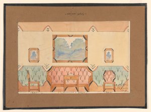 Tegning, design til en stue med sofa, to stole og bord af Unbekannt