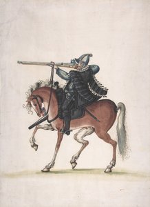 Tegning af en bereden Arquebusier-soldat til hest, slutningen af 1500-tallet. af Unbekannt
