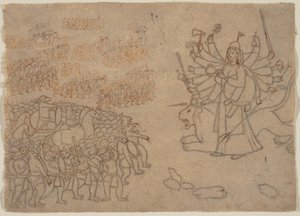 Durga konfronterer hæren af dæmonen Chikshura: Scene fra Devi Mahatmya, ca. 1780. af Unbekannt