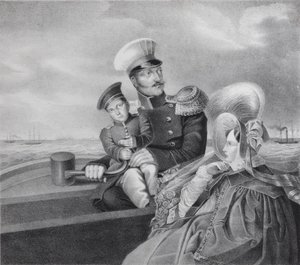 Kejser Nicholas I og kejserinde Alexandra Fyodorovna med sønnen Konstantin Nikolaevich på en bådtur, af Unbekannt