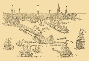Engelske krigsskibe i Boston, hvor te-festen fandt sted i 1768, c1930. af Unbekannt