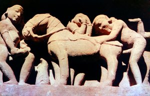 Erotisk skulptur, hinduistisk tempel, Khajuraho, Indien, 950 - 1050