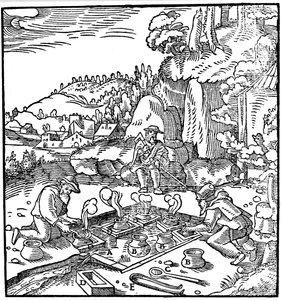 Inddampning af gryder med saltlage i en naturlig varm kilde for at opnå salt, 1556 af Unbekannt