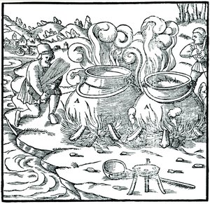 Fordampning af havvand i jerngryder for at opnå salt, 1556 af Unbekannt