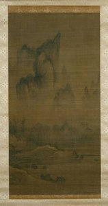 Aftenklokke fra tågeindhyllet tempel, efterårsmåne over søen Dongting til højre, ca. 1450-1500. af Unbekannt