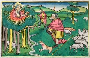 Anden Mosebog 3:1-22 og 4:1-4: den brændende busk og Gud, der bevæbner Moses med den mirakuløse stav af Unbekannt