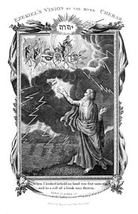 Ezekiels syn af en vogn på himlen og en hånd i skyerne, der rækker en bog frem til ham, 1804 af Unbekannt