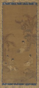 Kvindelige musikere i en have under bananpalmer, Ming-dynastiet, 1368-1644. af Unbekannt