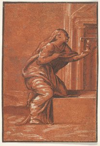 Kvindelig personificering af Faith, der knæler og hæver en kalk i venstre hånd, af..., ca. 1520-1560. af Unbekannt