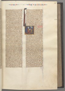 Fol. 36r, Tredje Mosebog, historisk initial V, Moses ofrer et offerlam på et alter, ca. 1275-1 af Unbekannt