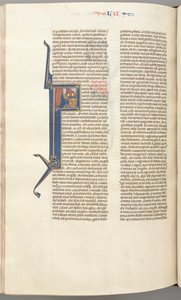 Fol. 412v, Lukas, historisk initial F, Lukas beder ved et alter, gudsbuste ovenover, ca. 1275-1300. af Unbekannt