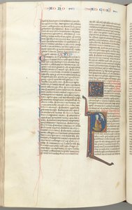 Fol. 440v, Corinthians I, historiker initial P, Paul knælende og taler til Guds buste ovenover, ca. af Unbekannt