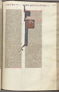 Fol. 452r, Filipperne, historisk initial P, Paulus står med et sværd og en rulle og taler med t af Unbekannt