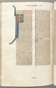 Fol. 453v, Kolossenserbrevet, historisk initial P, Paulus stående og taler til Guds buste ovenover, ca. 127 af Unbekannt