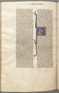 Fol. 482v, Revelations, historisk initial A, John siddende ved et skrivebord og skrev..., ca. 1275-1300. af Unbekannt