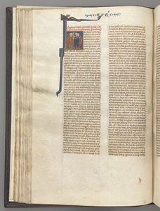 Fol. 62v, Femte Mosebog, historisk initial H, Moses med horn og rulleprædiken..., ca. 1275-1300 af Unbekannt